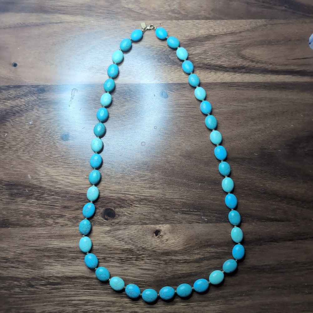 Lauren Ralph Lauren Turquoise Blue Oval Bead Necklace Gold Tone LRL Logo 18 Inch